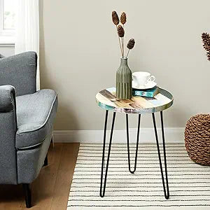 WELLAND Reclaimed Wood Side Table, Round Hairpin Leg End Table, 16" L x 16" W x 20.5" H, Night Stand for Living Room, Bedroom, Home Office, Patio