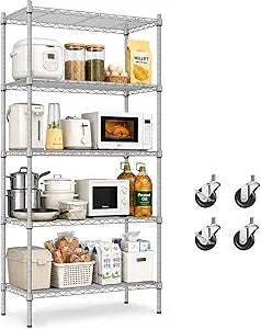 5 Tier Wire Shelving Unit, 61" H Heavy Duty Metal Storage Shelves Rack, Adjustable Garage Shelving for Kitchen, Pantry, Bookcase, Garage with 4 Wheels and 4 Leveling Feet, Silver-Gray