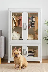 CXCJAI Pet Clothing Storage Cabinet with Hanging Rod Foldable Plastic Storage Bin 2-Tier Dog Clothes Organizer for Small Pets Lightweight, Waterproof Portable Cat Wardrobe Closet