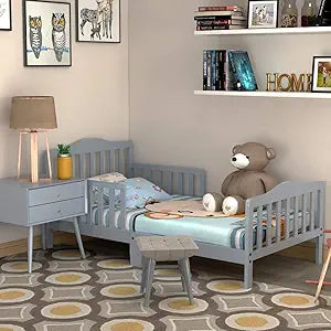 HONEY JOY Toddler Bed Frame, Solid Rubber Wood Frame w/Safety Guardrail, Fits Crib Full Size Mattress (Not Included), Children Classic Sleeping Bedroom Furniture for Kids Boys Girls (Gray)