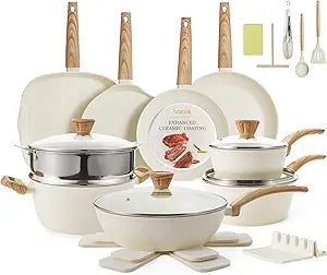 26Pcs Pots and Pans Nonstick Ceramic Cookware Set Nontoxic Kitchen Cooking Set with Steamers Utensils Induction Compatible, PFAS/PFOA Free, Oven and Dishwasher Safe, Cream White
