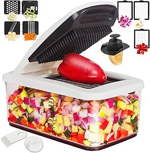 RK Vegetable Chopper, Extra Large Chopper Vegetable Cutter, Multifunctional 10-in-1 Pro Food Chopper - 6 Blades, 4 Vegetable Spiralizers, E-Recipes - Veggie Chopper with Container