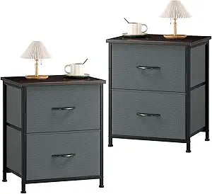Somdot Nightstand Set of 2 with 2 Storage Drawers, Small Bedside Table End Table, Wooden Top Fabric Cabinet for Bedroom, Kids Closet, College Dorm, Entryway, Charcoal Grey