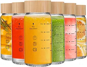 12oz Juice Bottles - 6 Pack Wide Mouth Glass Bottles with Lids- BPA Free, Bamboo Lids for Juicing, Smoothies, Infused Water, Beverage Storage - Leakproof, Borosilicate, Clear