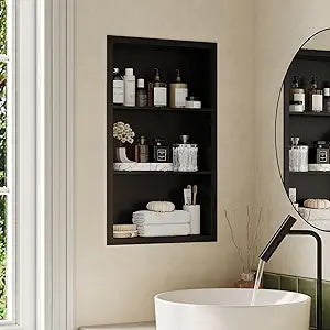 Qeke 14x24 Recessed Medicine Cabinet, Medicine Cabinet No Mirror, 304 Stainless Steel Medicine Wall Niche with 3-Tiers Shelves, Matte Black