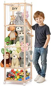 Wooden Stuffed Animal Storage Organizer with Locking Casters & Reinforced Frame - 4 Tier Toy Shelf with Book Drawer for Playroom, Bedroom, Kids Room, 15.7 x 57.1 Inches