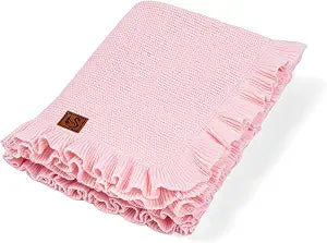 Ruffle Knit Blanket for Baby - 100% Luxury Soft Cotton Knit Warm Cozy Cuddle Stroller Crib Blanket for Newborns, Infants, & Toddlers (Pink)