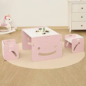 FUNLIO Height Adjustable Montessori Weaning Table and Chair Set for Age 1-3, Quality Solid Wood Toddler Table and 2 Chairs, Kids Table and Chairs for Reading/Eating/Playing,CPC Certified - Pink
