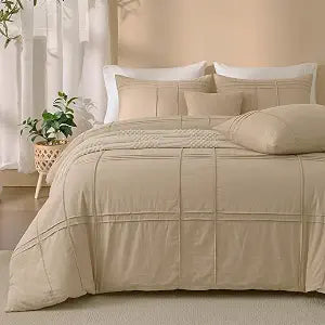 100% Cotton Taupe King Size Duvet Cover Set - 3 Pieces Pintuck Pleated Duvet Cover, Soft Breathable Duvet Cover with Zipper Closure, Modern Minimalist Bedding Set