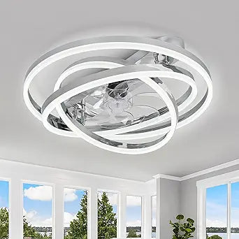 Dawn Whisper 24" Modern Ceiling Fans with Lights Flush Mount Low Profile Ceiling Fans with Remote for Bedroom Kitchen Reversible DC Motor 3 Color Dimmable LED 6 Speeds Silver