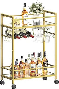 Home Bar Serving Cart, Bar Cart with 2 Mirrored Shelves, MicrowaveCart, Rolling Beverage Cart, Mobile KitchenCart with Wine Rack, Drink Cart for Dinning Room, Living Room, Kitchen, Gold