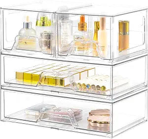 4 Pack Stackable Storage Drawers, Clear Acrylic Organizer, Makeup Organizer