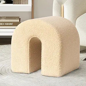 SHYFOY Ottoman Foot Rest, 16.93" Upholstered Footstool with Soft Teddy Velvet, N-Shaped Dressing Table Stool, Compact and Stylish Living Room and Bedroom Stool (Camel)