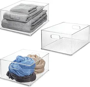 iDesign Storage Bins with Handles - Organize Kitchen, Bathroom, or Home Office - Set of 3 - Clear
