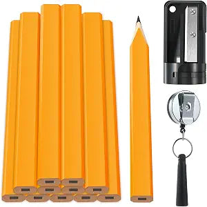 Hohean 14 Pcs Carpenter Pencils, 7 Inches Flat Octagonal Hard Woodworking Construction Pencils Heavy Duty with Pencil Sharpener and Retractable Pull Pen Holder for Contractor Carpentry (Yellow)