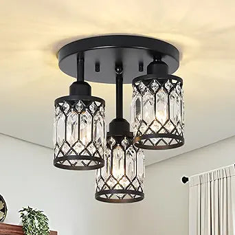 PAUFUL Semi Flush Mount Ceiling Light,3-Light Modern Crystal Close to Ceiling Light Fixtures, Black Kitchen Light Fixtures with Clear Crystal Shade,Hallway Light Fixtures for Hallway Bedroom Bathroom
