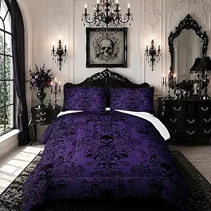 Nttopship Adults Violet Gothic Comforter Set King Size,Vintage Damask Floral Bedding Set 3Pcs,Bohemia Bedding Set Goth Skull Printed Quilted Set for Teens Adult with 1 Comforter with 2 Pillowcase