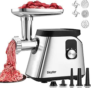 Sinyder Electric Meat Grinder: 2800 Max Stainless Steel Meat Mincer with 2 Blades 3 Plates 3 Sausage Tubes & Kubbe Kit Meat Grinders for Home & Kitchen Use