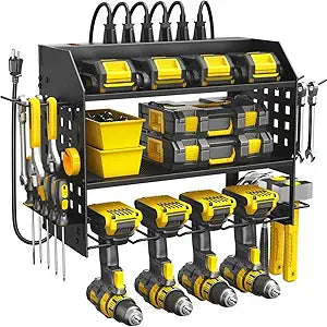 SPACECARE Power Tool Organizer with Charging Station 6 Outlets, 3-Layer Heavy Duty Wall Mount Drill Storage Rack, Cordless Tool with Utility Shelf, Garage Organization and Storage for Workshop- Black