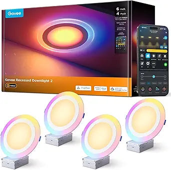 Govee Smart Recessed Lighting 6 Inch, Matter RGBIC LED Recessed Light Work with Alexa, Google Assistant, Dimmable 1100LM Canless Downlight with Junction Box for Living Room, Bedroom, Kitchen 4 Pack