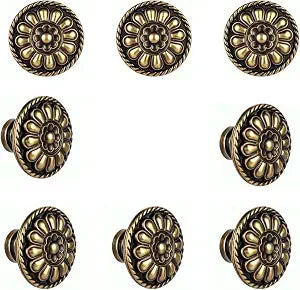 8 PCs Vintage Antique Brass Knobs Handles Pulls with Flower Pattern for Cabinet Drawer Door