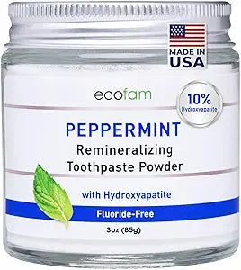 Ecofam Toothpaste Powder - Remineralizing Tooth Powder, Hydroxyapatite and Xylitol, Fluoride Free, Supports Enamel Strength & Gum Health - Peppermint