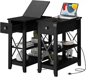 Awescuti Narrow End Table with Charging Station - Farmhouse Slim Side Table Set of 2, w/USB Ports Power Outlets, Nightstand w/Flip Top Storage Drawer, for Small Spaces Living Room Bedroom, Black