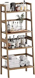 HITNET Ladder Shelf, 4-Tier Bamboo Bookshelf, Freestanding Open Display Storage Rack, Space Saving Flower Plant Display Stand for Bathroom Living Room, Walnut