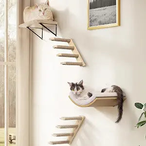 4-Piece Cats Wall Furniture with Cat Window Perch  Wood Wall Mounted Cat Shelves Set with Foam-Padded Curved Bed, Flat Perch & 4-Step Cats Stairs