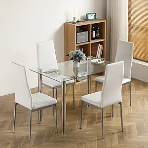 Henf 5 Pieces Dining Table Set, Modern Dining Room Table Set for 4 Persons with Tempered Glass Top Kitchen Table and 4 PU Leather Dining Chairs for Breakfast Dining Room Kitchen Furniture