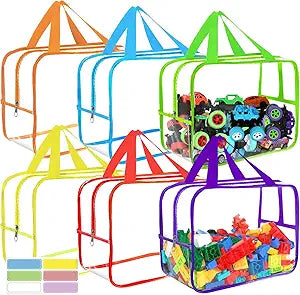 6 Colors Widen X-Large Toy Storage Bags 12.69.256.9In with Labels, Reusable Clear PVC Board Game Storage, Travel Waterproof Organizer Bags with Zipper for Building Blocks, Puzzle, Stuffed Animals