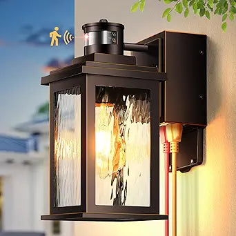 Gleamz Adjustable Sensitivity Motion Sensor Outdoor Lights with GFCI Outlet, Aluminum Waterproof Porch Light with Water Ripple Glass, ORB Exterior Lighting Fixtures for House, Garage, Doorway, 5 Modes