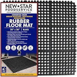New Star Foodservice Commercial Grade Grease Resistant Anti-Fatigue Interlocking Rubber Floor Mat, 36" x 36", Black