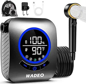 WADEO Portable Shower for Camping, 8000mAh Rechargeable Camping Shower Pump with 5 Pressure Levels, Fahrenheit Display, IPX8 Waterproof for Outdoor Camping, Travel, Car Washing, Pet Bathing