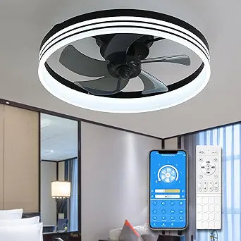 lifeholder 20" Modern Ceiling Fans with Lights and Remote, Flush Mount Bladeless Dimmable Ceiling Lights, Stepless Color Temperature Changes Low Profile Ceiling Fan for Bedroom, Living Room- DBlack