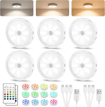 6PACK Rechargeable Puck Lights with Remote Motion Sensor Light indoor White