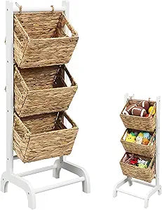 Menkxi Wicker 3 Tier Foldable Storage Basket Floor Rack with Market Storage Basket Water Hyacinth Storage Rack Hand Woven Laundry Rack for Bathroom Kitchen Laundry Room Living Room Storage(White)