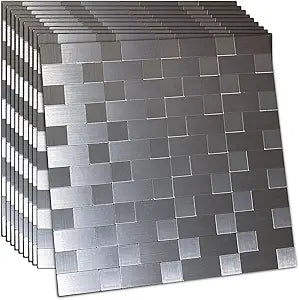 10-Sheet Peel and Stick Backsplash TileSelf-Adhesive Metal Sticker  Brushed Aluminum Mosaic Tiles for Kitchen Bathroom, 12"x12" (10, Brushed Silver)
