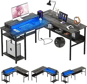 Unikito Reversible L Shaped Desk with Power Outlets and RGB LED Light, Sturdy Computer Desk with Ergonomic Monitor Stand and Storage Shelves, Corner Desk for Home Office, Easy Assembly, Black Oak