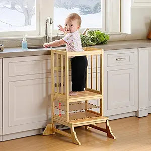 COSYLAND Toddler Step Stool - Height Adjustable Kids Standing Tower for Kitchen and Bathroom - Toddler Kitchen Stool Helper with Stabilizing Base for Sink and Counter (Natural)