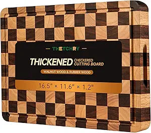 THETCHRY Cutting Boards for Kitchen, Checkered Cutting Board Thickened, Walnut & Rubber Wood Chopping Board with Juice Groove & Handle, Double-sided Butcher Block with Gift Box, 16.5" x 11.6" x 1.2"