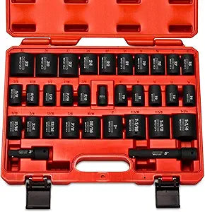 Neiko 02447A 1/2" Drive Master Impact Socket Set, 32 Piece Shallow Socket Assortment | Standard SAE (3/8-Inch to 1-1/4-Inch) and Metric (10-32 mm) Sizes | Cr-V Steel