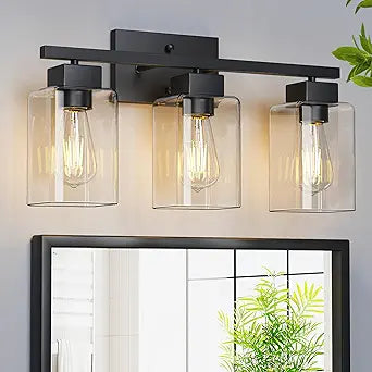 PARTPHONER 3-Light Bathroom Light Fixtures, Matte Black Modern Vanity Lights, Bathroom Lighting Fixtures Over Mirror, Square Design Farmhouse Wall Sconces with Clear Glass Shades