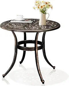 Outvita Patio Side Table, 23.6in Outdoor Round Cast Aluminum Bistro Table with Umbrella Hole and Antique Design for Backyard Porch Pool Balcony Deck Bronze