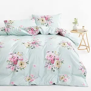 Wake In Cloud - Floral Comforter Set, Shabby Chic Farmhouse Cottagecore Vintage Colorful Pastel Spring Flowers, Soft Lightweight Bedding for Women Girls, 3 Pieces, Green, Queen Size