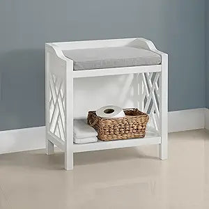 Alaterre Furniture Coventry Bench Stool with Cushion - Pine Wood Bench for Entryway or Bathroom Storage - Use as Shoe Rack, Vanity Chair and More (White)