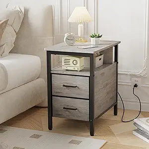 End Table with Charging Station, Narrow Side Table with 2 Fabric Drawers & Storage Shelf, USB Ports & Power Outlets, Narrow Nightstand for Bedroom Living Room Small Spaces, Greige