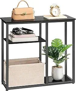HOOBRO Narrow Console Table with Storage Basket, 29.5" Small Entryway Table with 3-Tier Storage Shelves, Behind Couch Sofa Table, Hallway Table for Living Room, Black and Beige BB60XG01