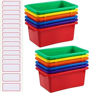 Zonon 12 Pcs Plastic Cubby Storage Bins Classroom Cubby Organization Storage Containers with 1 Pack Self Adhesive Labels Bin for Office School Library Home (Mixed Colors,11.61 x 7.68 x 4.92)