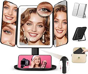 Mocado Makeup Mirror with Lights, 20X/7X/3X Magnifying Mirror with Light,Rechargeable & Height Adjustable Lighted Makeup Mirror,Vanity Mirror with 3 Colors Lights,Detachable Design for Travel(Black)